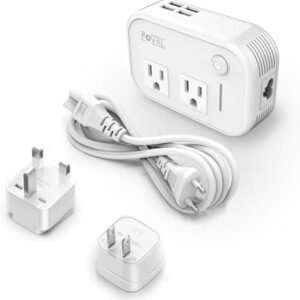 FOVAL Power Step Down 220V to 110V Travel Voltage Converter International Power Adapter for Hair Straightener/Curling Iron with 4-Port USB Charging US/UK/AU/EU Universal Plug Adapter (White)