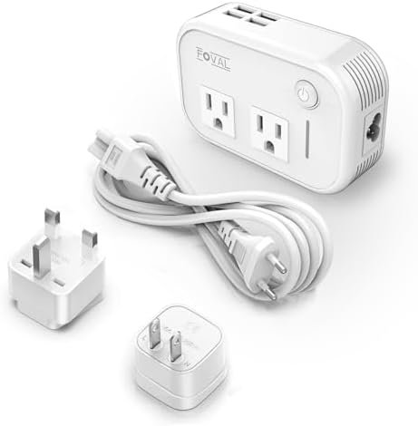 FOVAL Power Step Down 220V to 110V Travel Voltage Converter International Power Adapter for Hair Straightener/Curling Iron with 4-Port USB Charging US/UK/AU/EU Universal Plug Adapter (White)