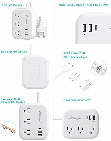 European Travel Plug Adapter, Alitayee EU/UK/US Travel Power Strip with 3 Outlets 3 USB Ports, International Universal Plug Adapter with 3ft Extension Cord to EU UK Italy Spain France Germany Cruise - Image 8