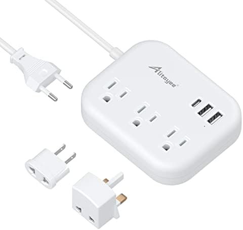 European Travel Plug Adapter, Alitayee EU/UK/US Travel Power Strip with 3 Outlets 3 USB Ports, International Universal Plug Adapter with 3ft Extension Cord to EU UK Italy Spain France Germany Cruise