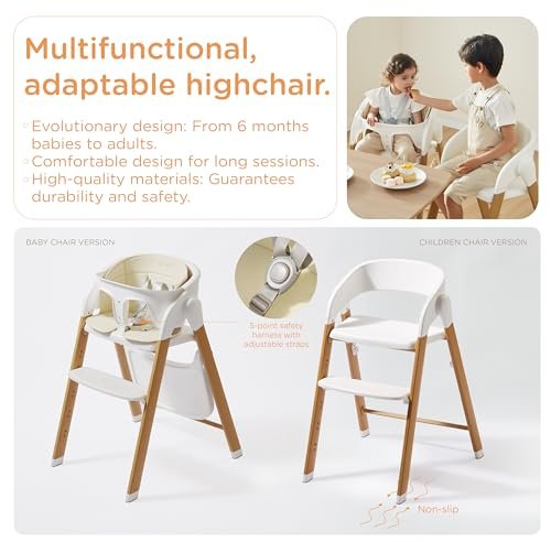 KUB High Chair for Babies and Toddlers Adjustable Foldable Convertible 5 Point Harness Easy Clean Wood-Printed Metal with Removable Tray Baby Highchair for Family (White&Natural Wood-Printed Metal) - Image 2