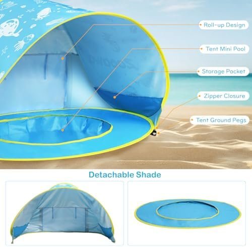 Zooawa Baby Beach Tent, Pop Up Beach Tent Sun Shade for Beach, Portable Shade Pool UV Protection Sun Shelter for Infant with Beach Sand Toys Set - Image 3