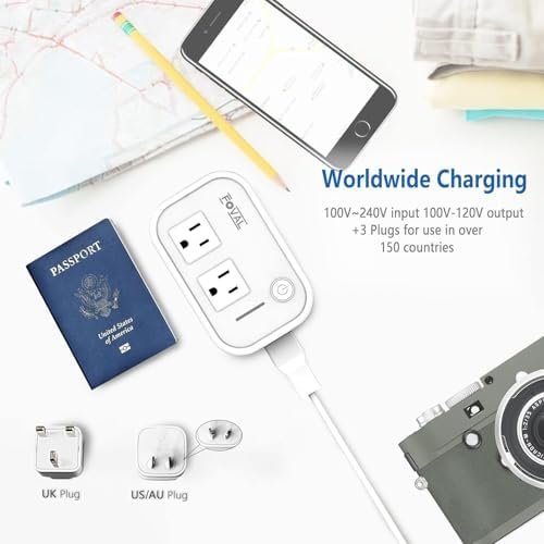 FOVAL Power Step Down 220V to 110V Travel Voltage Converter International Power Adapter for Hair Straightener/Curling Iron with 4-Port USB Charging US/UK/AU/EU Universal Plug Adapter (White) - Image 7