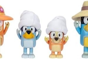 Bluey Figure 4-Packs, Family Trip, 2.5 Inch Poseable, Bingo, Bandit and Chilli, with Accessories, Kids Can Recreate Their Favorite Moments
