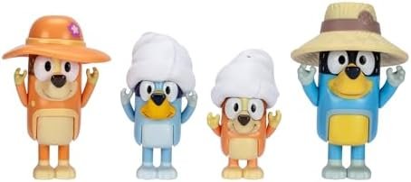 Bluey Figure 4-Packs, Family Trip, 2.5 Inch Poseable, Bingo, Bandit and Chilli, with Accessories, Kids Can Recreate Their Favorite Moments
