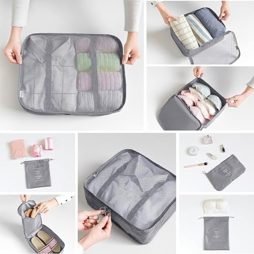 8 Set Packing Cubes for Suitcases Travel Luggage Packing Organizers,Travel Essentials Accessories Luggage Organizer with Shoe Bag Tioletry/Laundry Bag(Grey) - Image 4