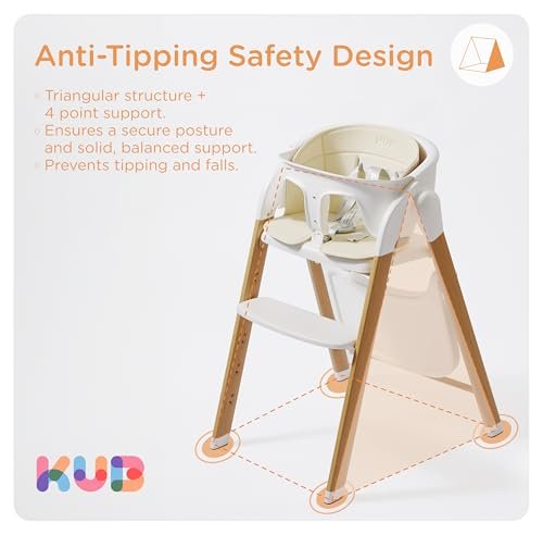 KUB High Chair for Babies and Toddlers Adjustable Foldable Convertible 5 Point Harness Easy Clean Wood-Printed Metal with Removable Tray Baby Highchair for Family (White&Natural Wood-Printed Metal) - Image 8