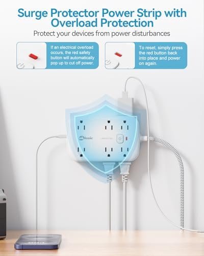 Flat Multi Plug Extender with 6 USB Wall Charger(3 USB C), 12 AC Outlets Wall Adapter, 3 ft Thin Extension Cord, Flat Plug Surge Protector Power Strip (2100J) for Home, Office, College Dorm. White - Image 4