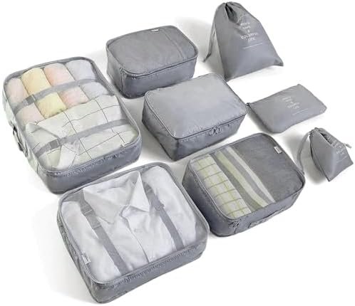 8 Set Packing Cubes for Suitcases Travel Luggage Packing Organizers,Travel Essentials Accessories Luggage Organizer with Shoe Bag Tioletry/Laundry Bag(Grey)