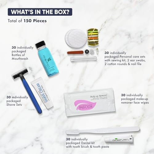 Personal Care Travel Toiletries | 1-Shoppe Amenities Kit | Travel Shaving Set, Toothbrush & Paste, Mouthwash, Makeup Wipes, Swabs, Nail File & Sewing Kit | 150 Pieces - Image 3