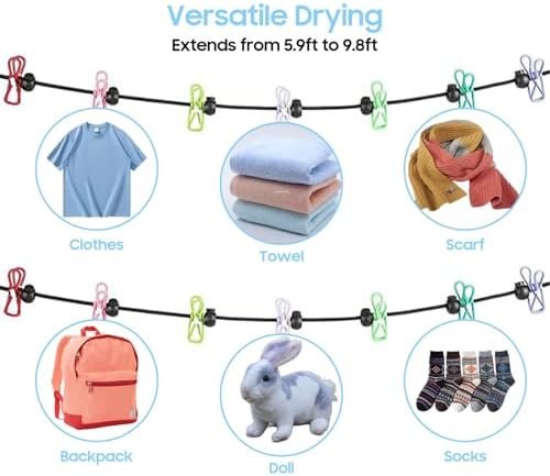 Retractable Portable Travel Clothesline, Clothing Line with 12 Clothes Clips for Indoor Laundry Drying Line with Clothesline Stops, Outdoor Camping Accessories - Image 5