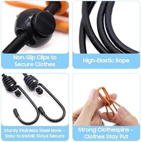 Retractable Portable Travel Clothesline, Clothing Line with 12 Clothes Clips for Indoor Laundry Drying Line with Clothesline Stops, Outdoor Camping Accessories - Image 2