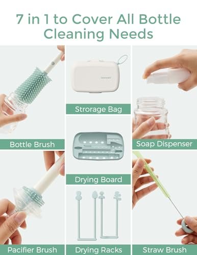 Momcozy Bottle Brush Set - Baby Bottle Cleaner Kit with Silicone Brush, Nipple Brush, Straw Brush, Soap Dispenser, Drying Rack - 7 in 1 Bottle Cleaning Tool for Home and Travel - Image 5