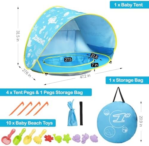 Zooawa Baby Beach Tent, Pop Up Beach Tent Sun Shade for Beach, Portable Shade Pool UV Protection Sun Shelter for Infant with Beach Sand Toys Set - Image 8