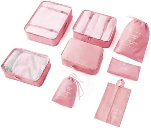 8 Pieces Mesh Packing Cubes for Travel, Luggage Packing Organizers Bags Set, Travel Essentials Suitcases Accessories with Laundry Bag, Storage Shoe Bag, Clothing Underwear Bag (Pink, 8 set)