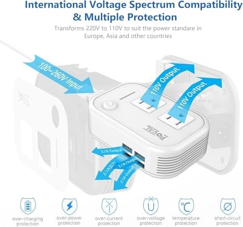 FOVAL Power Step Down 220V to 110V Travel Voltage Converter International Power Adapter for Hair Straightener/Curling Iron with 4-Port USB Charging US/UK/AU/EU Universal Plug Adapter (White) - Image 5