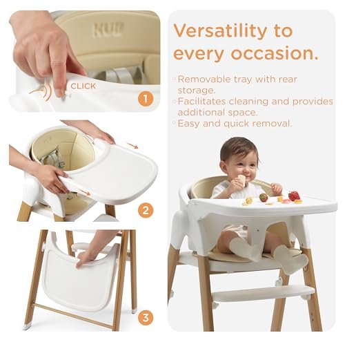 KUB High Chair for Babies and Toddlers Adjustable Foldable Convertible 5 Point Harness Easy Clean Wood-Printed Metal with Removable Tray Baby Highchair for Family (White&Natural Wood-Printed Metal) - Image 4