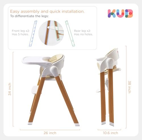 KUB High Chair for Babies and Toddlers Adjustable Foldable Convertible 5 Point Harness Easy Clean Wood-Printed Metal with Removable Tray Baby Highchair for Family (White&Natural Wood-Printed Metal) - Image 7