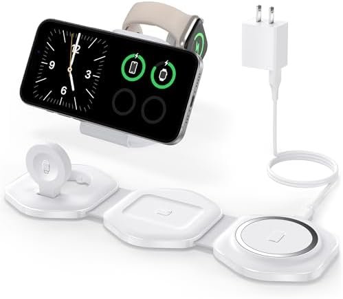 3 in 1 Wireless Charging Station for Apple Multiple Devices, Foldable Magnetic Fast Travel Charger, Compatible with MagSafe iPhone 16 15 14 13 12 Apple Watch & AirPod, Gift for Women