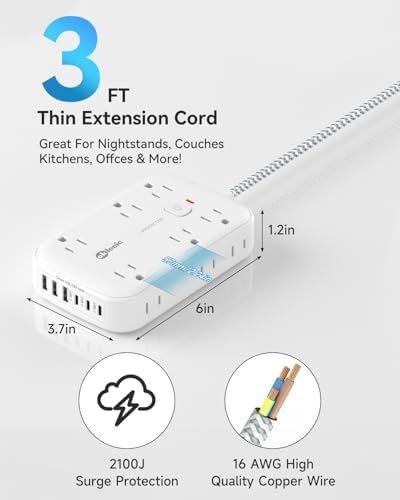 Flat Multi Plug Extender with 6 USB Wall Charger(3 USB C), 12 AC Outlets Wall Adapter, 3 ft Thin Extension Cord, Flat Plug Surge Protector Power Strip (2100J) for Home, Office, College Dorm. White - Image 2