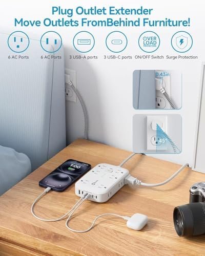 Flat Multi Plug Extender with 6 USB Wall Charger(3 USB C), 12 AC Outlets Wall Adapter, 3 ft Thin Extension Cord, Flat Plug Surge Protector Power Strip (2100J) for Home, Office, College Dorm. White - Image 3