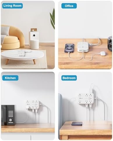 Flat Multi Plug Extender with 6 USB Wall Charger(3 USB C), 12 AC Outlets Wall Adapter, 3 ft Thin Extension Cord, Flat Plug Surge Protector Power Strip (2100J) for Home, Office, College Dorm. White - Image 7