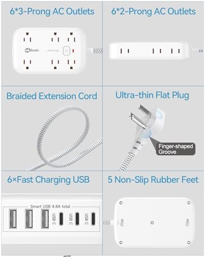 Flat Multi Plug Extender with 6 USB Wall Charger(3 USB C), 12 AC Outlets Wall Adapter, 3 ft Thin Extension Cord, Flat Plug Surge Protector Power Strip (2100J) for Home, Office, College Dorm. White - Image 6