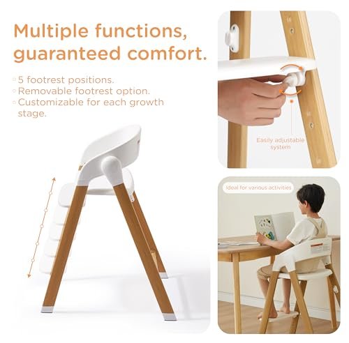 KUB High Chair for Babies and Toddlers Adjustable Foldable Convertible 5 Point Harness Easy Clean Wood-Printed Metal with Removable Tray Baby Highchair for Family (White&Natural Wood-Printed Metal) - Image 5