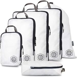Large Compression Packing Cubes 6 Piece Set for Travel with Lightweight Laundry Bag for Carry-On Suitcase by TRIPPED Travel Gear (White)