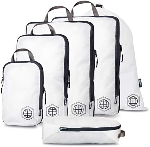 Large Compression Packing Cubes 6 Piece Set for Travel with Lightweight Laundry Bag for Carry-On Suitcase by TRIPPED Travel Gear (White)