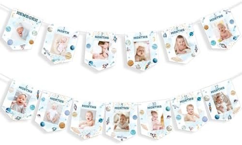 Oudain First Trip Around The Sun Photo Banner for Boys First Trip Around The Sun Birthday Decorations Baby Picture Banner Garland for Newborn to 12 Months' Boy Outer Space Theme 1st Party Supplies - Image 7