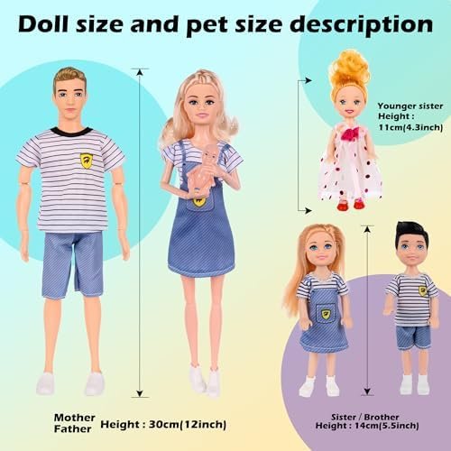 Dolls Family Playset with Baby Stroller Set- 6 People, Pets & Accessories for 3-12 Years Old | Toddler Gift with Pregnant Mom, Dad, 3 Kids, Dogs, and Interactive Play - Image 3