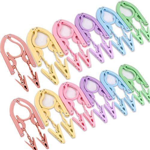 YOUOWO 12 Pcs Travel Hangers with 24 Pcs Clips,Portable Foldable Clothes Hangers for Scarves Suits Trousers Pants Shirts Socks Underwear