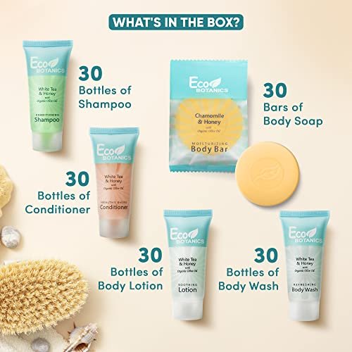 Eco Botanics Hotel Soaps & Toiletries Bulk Set | 1-Shoppe Amenities Kit | 0.85oz Shampoo & Conditioner, Body Wash, Lotion, 0.89oz Bar Soap | Travel Size | 150 Pieces - Image 3