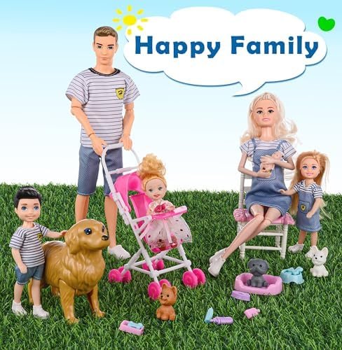 Dolls Family Playset with Baby Stroller Set- 6 People, Pets & Accessories for 3-12 Years Old | Toddler Gift with Pregnant Mom, Dad, 3 Kids, Dogs, and Interactive Play - Image 6