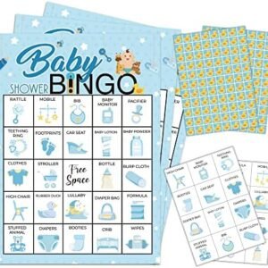 5"x7" Blue Baby Shower Bingo Cards (24 Kinds), Baby Shower Party Favors for Adult, Road Trip Activities, Travel Bingo, Family Outdoor Party Activity -004
