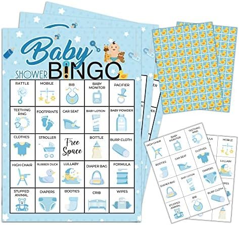 5"x7" Blue Baby Shower Bingo Cards (24 Kinds), Baby Shower Party Favors for Adult, Road Trip Activities, Travel Bingo, Family Outdoor Party Activity -004