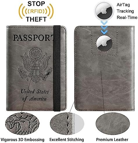 Airtag Passport Holder Cover Wallet Travel Essentials RFID Blocking Leather Card Case International Must Haves Travel Accessories for Women Men(119#Grey) - Image 2