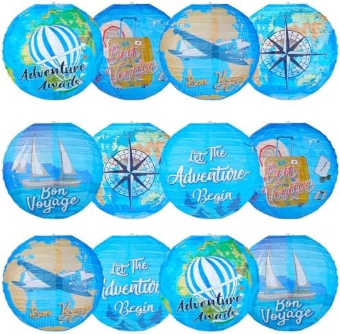 Panelee 12 Pcs Travel Around The World Party Decorations Bon Voyage Paper Hanging Lanterns 8 Inch Adventure Travel Round Paper Lanterns for Office Classroom Party Decorations Supplies Indoor Outdoor