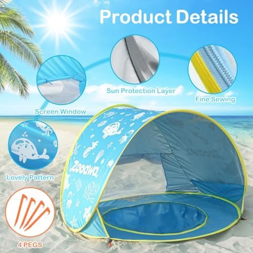 Zooawa Baby Beach Tent, Pop Up Beach Tent Sun Shade for Beach, Portable Shade Pool UV Protection Sun Shelter for Infant with Beach Sand Toys Set - Image 7