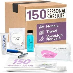 Personal Care Travel Toiletries | 1-Shoppe Amenities Kit | Travel Shaving Set, Toothbrush & Paste, Mouthwash, Makeup Wipes, Swabs, Nail File & Sewing Kit | 150 Pieces