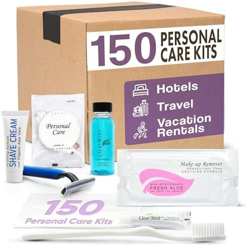 Personal Care Travel Toiletries | 1-Shoppe Amenities Kit | Travel Shaving Set, Toothbrush & Paste, Mouthwash, Makeup Wipes, Swabs, Nail File & Sewing Kit | 150 Pieces