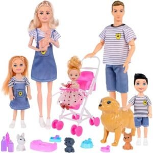 Dolls Family Playset with Baby Stroller Set- 6 People, Pets & Accessories for 3-12 Years Old | Toddler Gift with Pregnant Mom, Dad, 3 Kids, Dogs, and Interactive Play