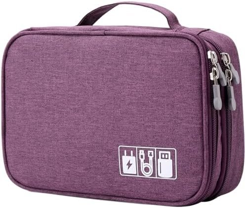 mygreen Electronics Travel Organizer Storage Bag, Double Layer Universal Traveling Gear Accessories Carrying Cover Pouch for iPad Mini Cables Phone Chargers Adapter Flash Hard Drive and More Purple