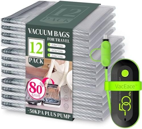 Vacuum Bags for Travel with USB Pump, 12 Pack Carry-on Size Compression Packing for Luggage and Suitcase, Space Saver Bags for Clothes and Clothing Travel