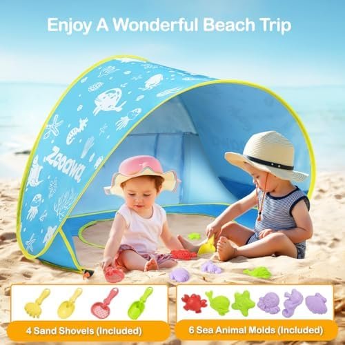 Zooawa Baby Beach Tent, Pop Up Beach Tent Sun Shade for Beach, Portable Shade Pool UV Protection Sun Shelter for Infant with Beach Sand Toys Set - Image 4