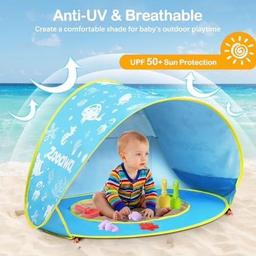 Zooawa Baby Beach Tent, Pop Up Beach Tent Sun Shade for Beach, Portable Shade Pool UV Protection Sun Shelter for Infant with Beach Sand Toys Set - Image 2