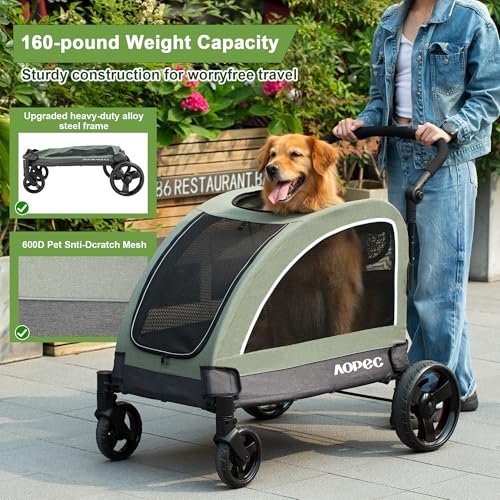 Large Dog Stroller - Dual Entry Safety Folding Pet Stroller with Adjustable Handle, All-Terrain 4-Wheel, 160 lbs Weight Capacity for Travel & Outdoor Adventures - Green - Image 4