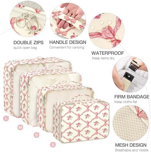 8 Set Packing Cubes for Suitcases,Packing Cube with Shoe, Cosmetics, Clothing, and Accessories Bags Packing Cubes for Travel Luggage Organizer Women Men(Bow Flowers) - Image 3