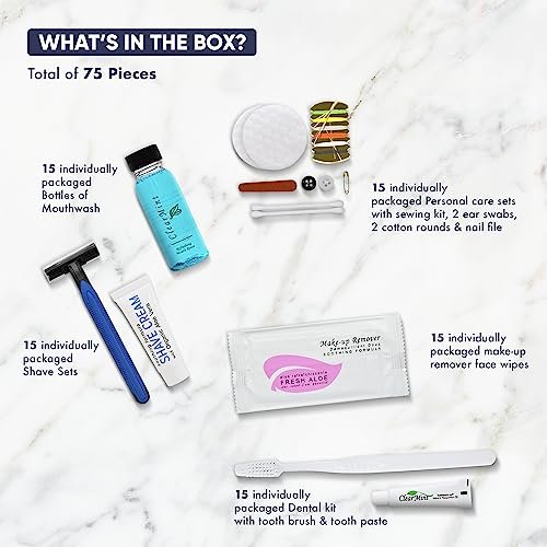 Personal Care Travel Toiletries | 1-Shoppe Amenities Kit | Travel Shaving Set, Toothbrush & Paste, Mouthwash, Makeup Wipes, Swabs, Nail File & Sewing Kit | 75 Pieces - Image 3